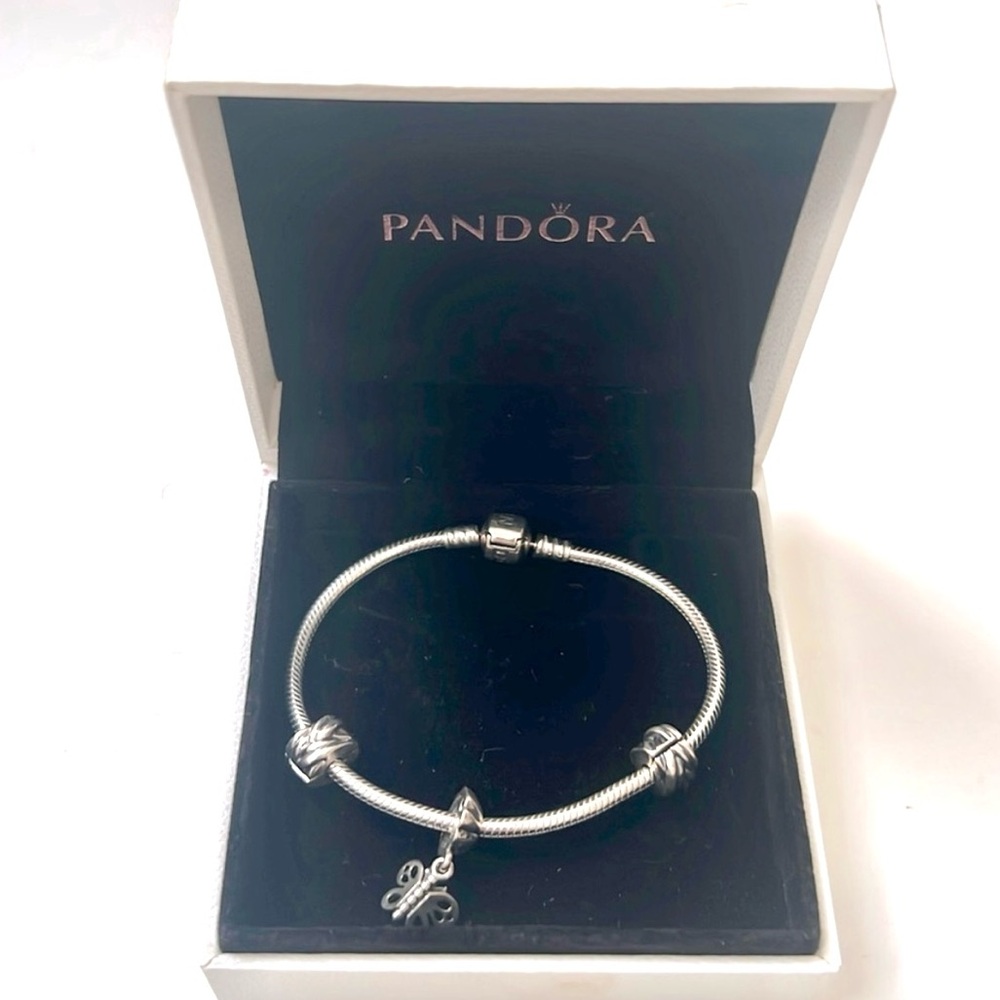Pandora Starter Bracelet w/Butterfly Charm + Pandora Jewelry Box